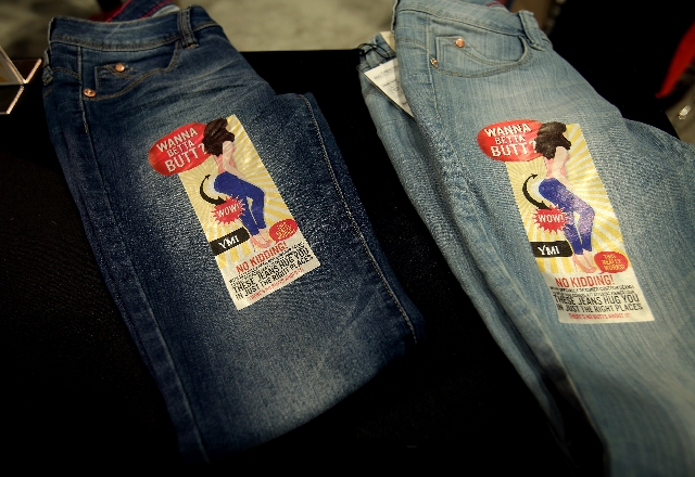 Denim pants are seen Wednesday at YMI Jeans' booth at MAGIC. The show  attracts fashion designers, retail buyers, trend spotters, sourcing  companies and media.
