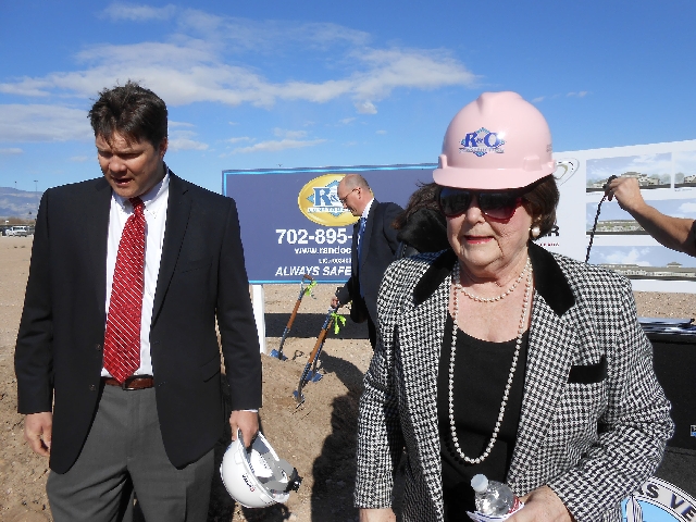 Ward 1 Las Vegas City Councilwoman Lois Tarkanian, right, leaves the podium along with Nathan Swain, partner in The Boyer Co., at a ground-breaking ceremony Feb. 21 near MountainView Hospital, 310 ...