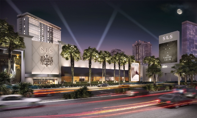 A rendering of the SLS Vegas shows the property’s exterior. The hotel’s original size will be reduced by 100 rooms, but the structure’s bones will remain.