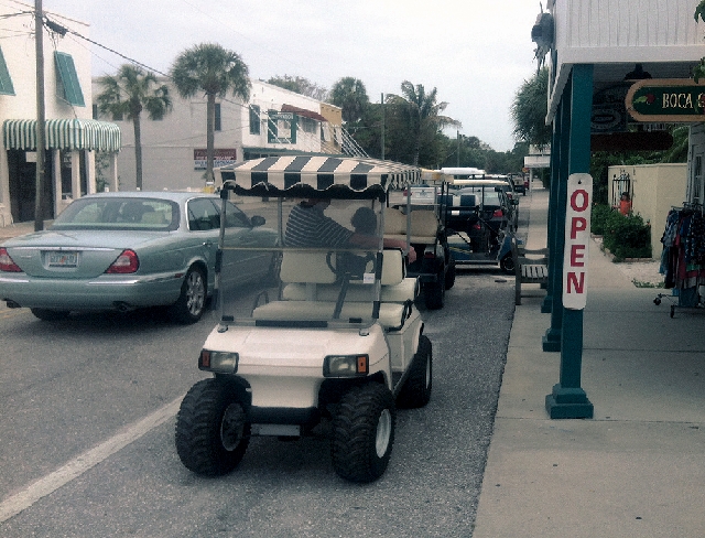 It’s a Florida thing: Golf carts and automobiles mix in many small towns and everyone gets along. I’m not sure about the children you sometimes see driving them, though.