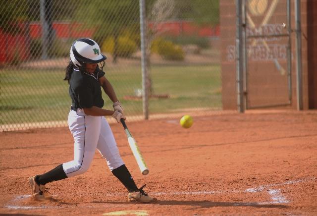 Palo Verde’s Melissa Lacro drives the ball against Arbor View during the teams’ Northwest League softball game Thursday at Arbor View. Lacro retired the final two batters in relief, an ...