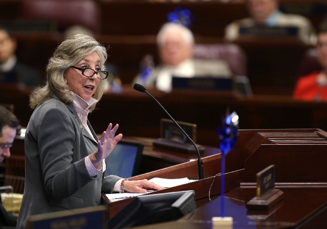 U.S. Rep. Dina Titus, D-Nev., speaks to a joint session of the Nevada Legislature in Carson City on Thursday. She asked for funding for Head Start and Pell grant programs, help for student loans a ...