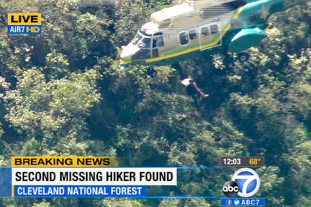 This video image provided by KABC-TV shows the air rescue of Kyndall Jack, 18, who was hoisted out of Cleveland National Forest in California on Thursday after being missing for four days. Her hik ...