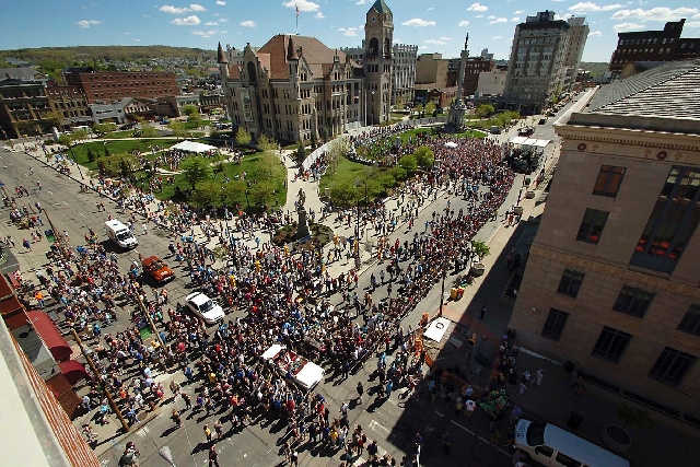 Thousands of people swarm downtown Scranton, Pa., on Saturday during "The Office" Parade.