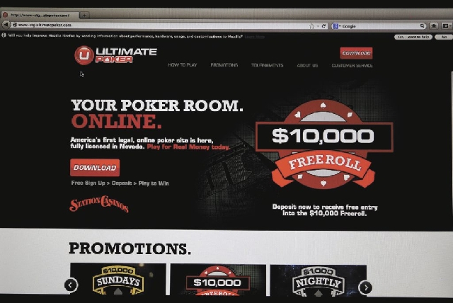 The home page for Ultimate Poker by the company Ultimate Gaming is seen on a computer screen at the company's headquarters, Monday, April 29, 2013, in Las Vegas.