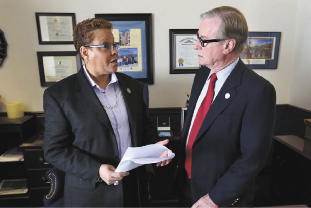 Nevada Senate Democrat Patricia Spearman, left, is shown here with Sen.David Parks. Spearman sponsored Senate Bill 139, the transgender "hate crime" bill, which was approved by the Assembly today. ...