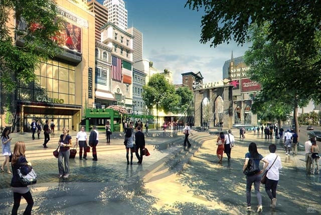 An artist's rendering shows retail, dining and entertainment offerings that will be adjacent to MGM Resorts' planned 20,000-seat arena near New York-New-York and Monte Carlo just off the Strip.
