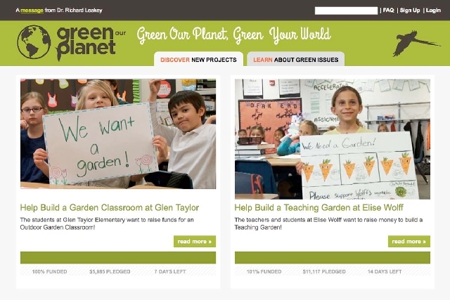 This screen capture from the GreenOurPlanet.org website shows the progress of school projects that began quietly in March and have gathered $76,000 in funds at 15 Clark County elementary schools t ...