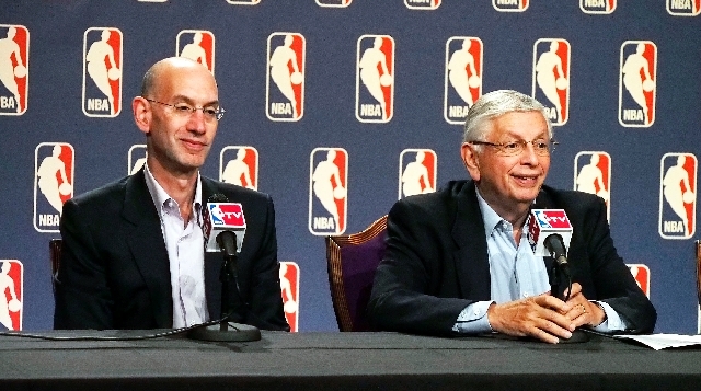 NBA deputy commissioner Adam Silver, left, and commissioner David Stern speak during a news conference following the board of governors meeting during the NBA Summer League in Las Vegas on Thursday.