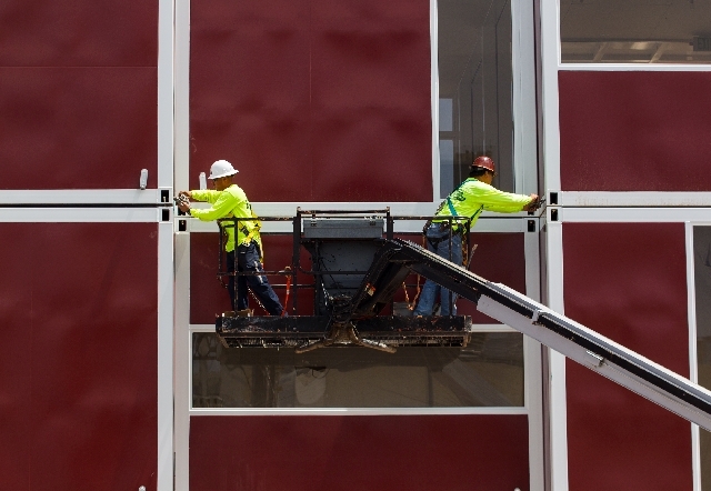 Construction workers make progress at the Container Park off of Seventh Street near the El Cortez in downtown Las Vegas on Tuesday.