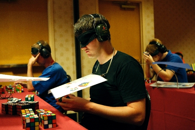 David Andersson competes a blindfolded event at the Rubik's Cube World Championships at the Riviera on Saturday.