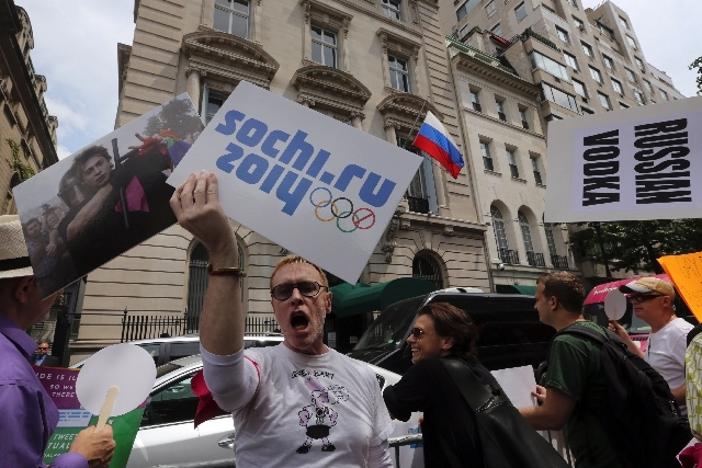 Gay rights activist Ken Kidd, of Manhattan, chants slogans during a demonstration in front of the Russian consulate in New York on July 31. Russia will enforce a new law cracking down on gay right ...