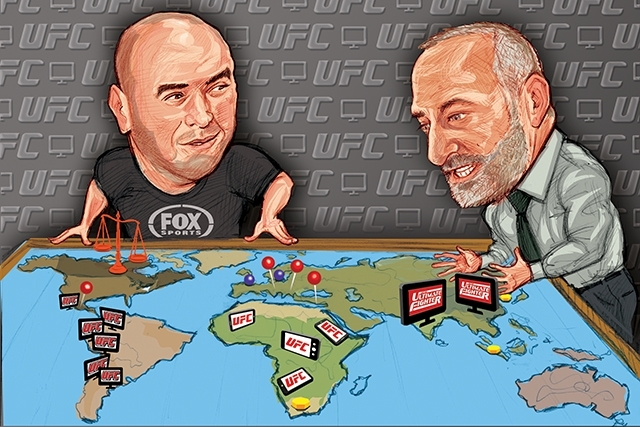 Dana White, left, and Lorenzo Fertitta run Ultimate Fighting Championship, whose mixed martial arts content is broadcast in 145 nations.