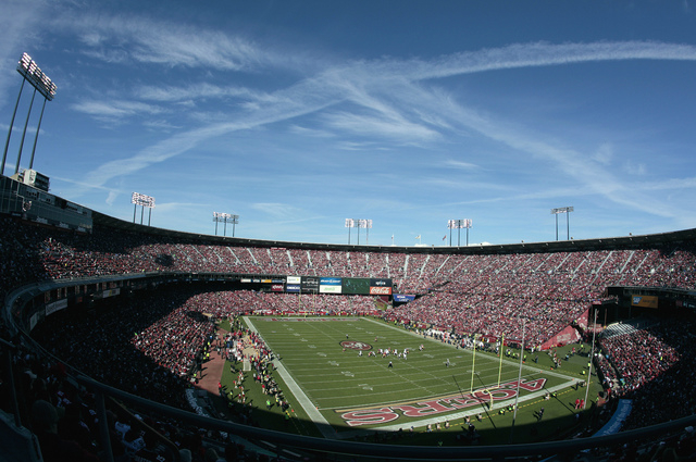 File- This Nov. 11, 2012 file photo shows Candlestick Park is shown during the first quarter of an NFL football game between the San Francisco 49ers and the St. Louis Rams in San Francisco. A foot ...