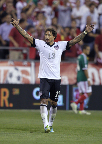 United States' Jermaine Jones celebrates after the team's 2-0 win over Mexico in a World Cup qualifying soccer match Tuesday, Sept. 10, 2013, in Columbus, Ohio. (AP Photo/Jay LaPrete)