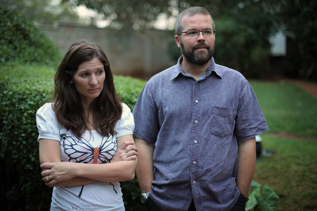 Katherine Walton, 38, from the United States, is photographed with her husband Philip during an interview with the Associated Press in Nairobi, Kenya, Friday Sept. 27, 2013.Walton survived the W ...