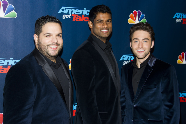 Members of the operatic group "Forte," from left, Fernando Varela, Sean Panikkar and Josh Page walk the pre-show red carpet for "America's Got Talent" on Tuesday, Sept. 17, 201 ...
