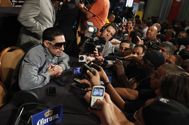 Boxer Danny Garcia speaks with the media during a press conference at the MGM Grand in Las Vegas Thursday, Sept. 12, 2013. Danny Garcia will fight Lucas Matthysse Saturday in a WBC and WBA super l ...