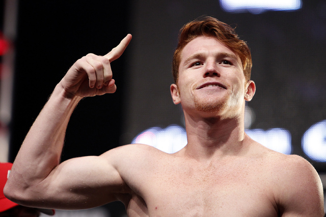 Canelo Alvarez poses during a weigh in at the MGM Grand in Las Vegas Friday, Sept. 13, 2013. Alvarez will fight Floyd Mayweather Saturday in a title bout at the MGM Grand.(John Locher/Las Vegas Re ...