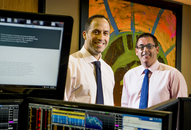 Union Gaming Group principals Bill Lerner, left, , and Rich Moriarty, as seen Tuesday, Aug. 27, 2013 in the company's trading desk. Union Gaming Group, at 3930 Howard Hughes Parkway, is the only e ...