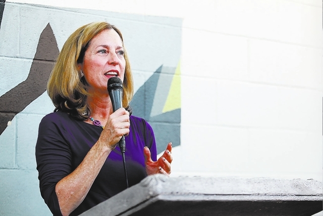 Julie Murray of the philanthropic Moonridge Group speaks during the grand reopening and ribbon cutting ceremony at the Casa De Luz church in the Naked City area of Las Vegas on Thursday, Sept. 12, ...