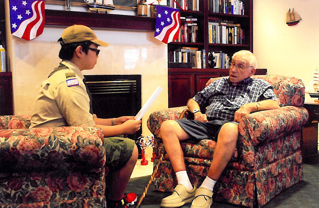 Sean Lee interviews World War II veteran Edwin Lewis at Atria Seville Aug. 14 as part of fellow Scout Herbie Li's Eagle Scout project. Eight veterans were recorded as they relayed their stories fr ...