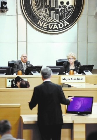 Las Vegas Councilman Stavros Anthony, left, and Mayor Carolyn Goodman, right, listen to Bob Halstead, director of the Nevada Agency for Nuclear Projects, speak at City Hall Wednesday, Sept. 4, 201 ...