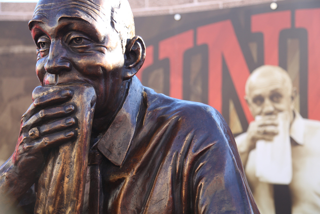 Jerry Tarkanian's likeness is seen at the unveiling of his statue at UNLV's Thomas & Mack Center outdoor plaza on Wednesday Oct. 30, 2013. (Alex Federowicz/Las Vegas Review-Journal)