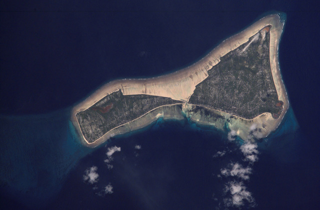 A satellite image of Kiribati, an island nation located northwest of Australia. (Image courtesy of the Image Science & Analysis Laboratory, NASA Johnson Space Center)