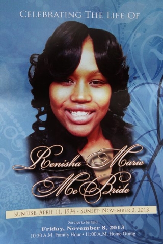 In this Nov. 8, 2013 file photo is the front cover of a funeral program for 19-year-old Renisha McBride from a service at House of Prayer & Praise Cathedral in Detroit. Prosecutors announced Thurs ...