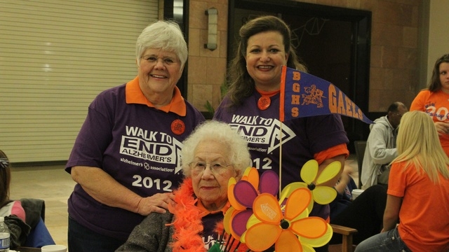 Margaret Foy, librarian at Bishop Gorman High School, standing far left, Joanne Andrews, standing far right, and Foy's mother, Jessie Foy, seated, are seen at the 2012 walk in Las Vegas. This year ...