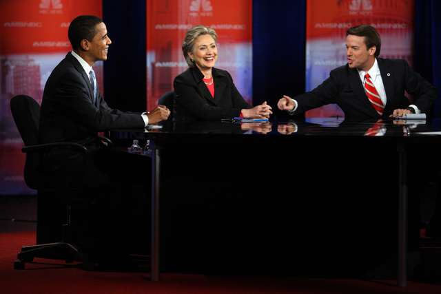Democratic presidential candidates share a laugh during the Nevada Democratic Presidential Candidates Debate at Cashman Center in 2008. (K.M. CANNON/REVIEW-JOURNAL FILE)