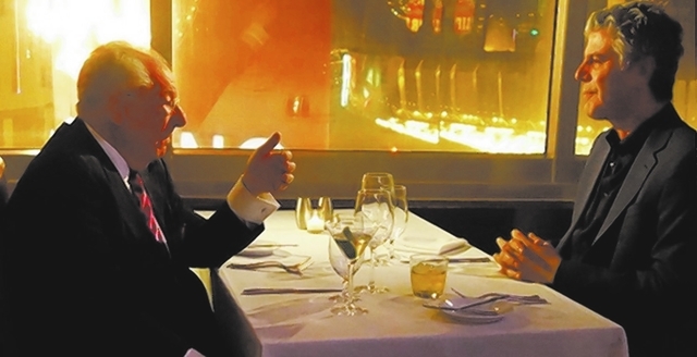 Anthony Bourdain, right, interviews former Las Vegas Mayor Oscar Goodman on Monday at Oscar’s Beef Booze Broads Steakhouse. (Norm Clarke/Las Vegas Review-Journal)