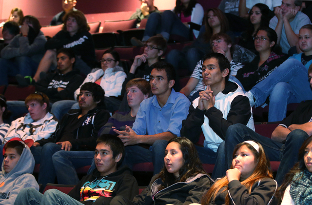 Approximately 65 seniors from Yerington High School U.S. Government classes watch a Supreme Court hearing at the Jeanne Dini Cultural Center in Yerington on Thursday. The panel met in Yerington as ...