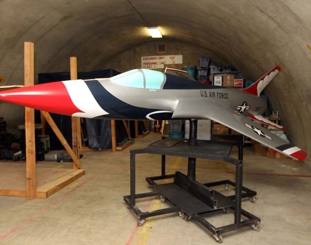 A replica of the U.S. Air Force Thunderbirds’ F-105 Thunderchief is seen Jan. 24 in a storage area of Nellis Air Force Base . The model, which was originally displayed at the main gate of the ba ...
