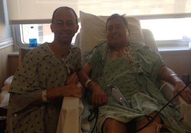 Charlie Bockelman, left, and Mitch Petty, right, after Bockelman donated a kidney to Petty. Bockelman found out about Petty's need for a kidney through Facebook. (A Kidney for Mitch/Facebook)