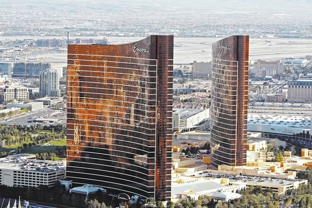 Wynn and Encore shown from the M Resort blimp in March 2009. Because the two properties operate under a single gaming license, they count as a single space, with a gaming area of 185,000 square fe ...