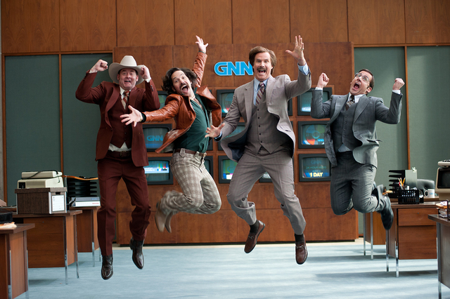 (Left to right) David Koechner is Champ Kind, Paul Rudd is Brian Fantana, Will Ferrell is Ron Burgundy and Steve Carell is Brick Tamland in ANCHORMAN 2: THE LEGEND CONTINUES to be released by Para ...