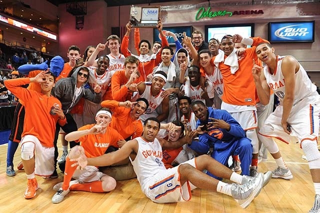 Bishop Gorman players and students pose with the State Championship after the NIAA Division 1 State Boys Basketball Championship game against Centennial at Orleans Arena in Las Vegas Friday, Feb.  ...