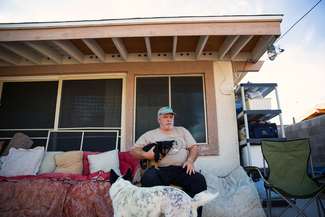 Everett Croxson, executive director of Foreclosed Upon Pets, Inc., holds Sammy while Boots, a Border Collie-Shepherd mix, runs around Croxson's backyard Wednesday, Nov. 27, 2013. The 5-year-old no ...