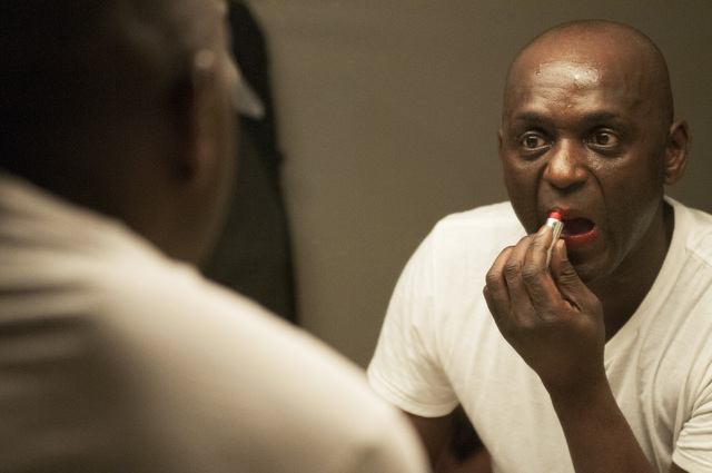 Sean E. Cooper does his make up backstage before entertaining the crowd with his Michael Jackson impression during his show at Sin City Theatre inside Planet Hollywood hotel-casino in Las Vegas, S ...