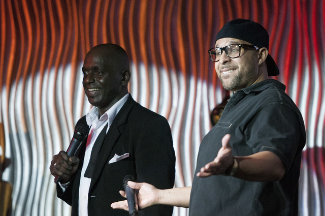 Sean E. Cooper, left, and Bobby Robertson entertain the crowd during Cooper's show at Sin City Theatre inside Planet Hollywood hotel-casino in Las Vegas, Saturday, Dec. 7, 2013. (Erik Verduzco/Las ...