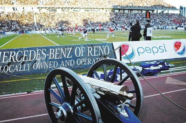 The Fremont Cannon trophy sits next to the field at Mackay Stadium during the big rivalry football game between UNLV and UNR in Reno on Oct. 26, 2013. (Jason Bean/Las Vegas Review-Journal)