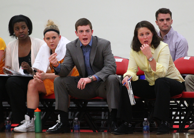 Marquette assistant coach Tyler Summitt, son of NCAA women's basketball coaching legend Pat Summitt, shouts to players as the Golden Eagles take on Tennessee Tech at the South Point Arena in Las V ...
