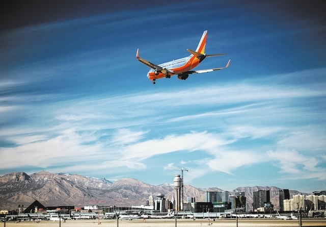 A Southwest Airlines flight prepares for landing at McCarran International Airport on Nov. 26. The airport's passenger count was flat in November. (Jeff Scheid/Las Vegas Review-Journal)