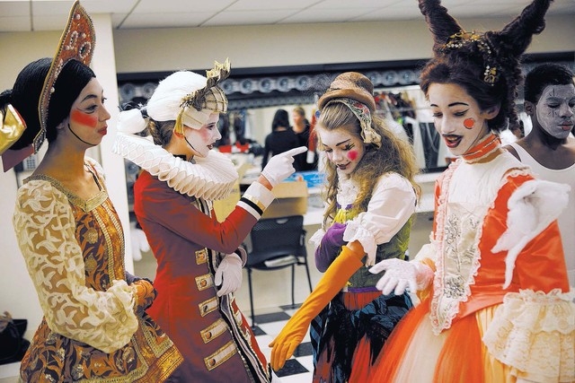 From left, Desiree Kong, Anna Stewart, Gilliam Croshaw and Zetta Whiting talk in their dressing room after a rehearsal for a production of The Nutcracker by the Nevada Ballet Theatre at the Smith  ...