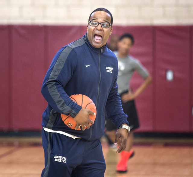 Agassi Prep basketball coach Trevor Diggs, instructs his team at practice on Monday. The former UNLV standout is in his first year as the school's basketball coach. (Jeff Scheid/Las Vegas Review-J ...