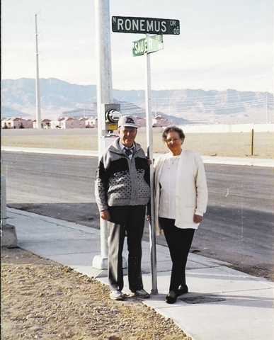 Ron and Opal Ronemus, parents of former City Clerk Barbara "Roni" Ronemus, pictured in front of the street dedicated to their daughter in 1994. Roni, who retired in 2007 after nearly 30 years at C ...