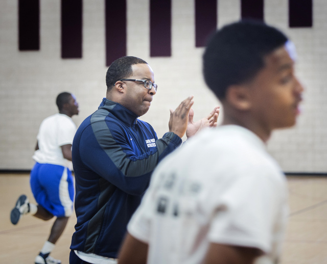 Agassi Prep basketball coach Trevor Diggs, coaches his team at practice Monday. Diggs was a standout guard at UNLV from 1999 to 2001. (Jeff Scheid/Las Vegas Review-Journal)