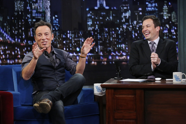 This image released by NBC shows Bruce Springsteen, left, with host Jimmy Fallon  during an appearance on "Late Night with Jimmy Fallon," on Tuesday, Jan. 14, 2014 in New York. (AP Photo ...